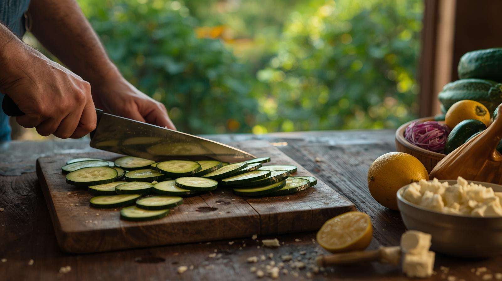 Preparing a fresh courgette salad with homegrown produce, showcasing what are courgettes vegetables in the kitchen.