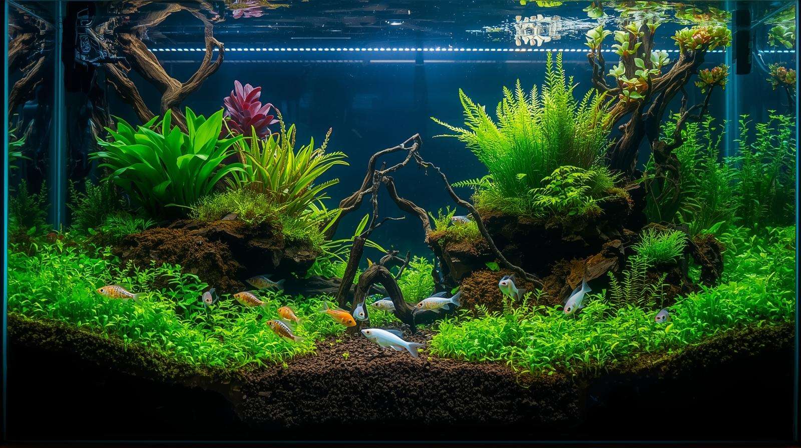 Diverse aquarium with aquatic soil for fish tanks supporting plants and corydoras fish.