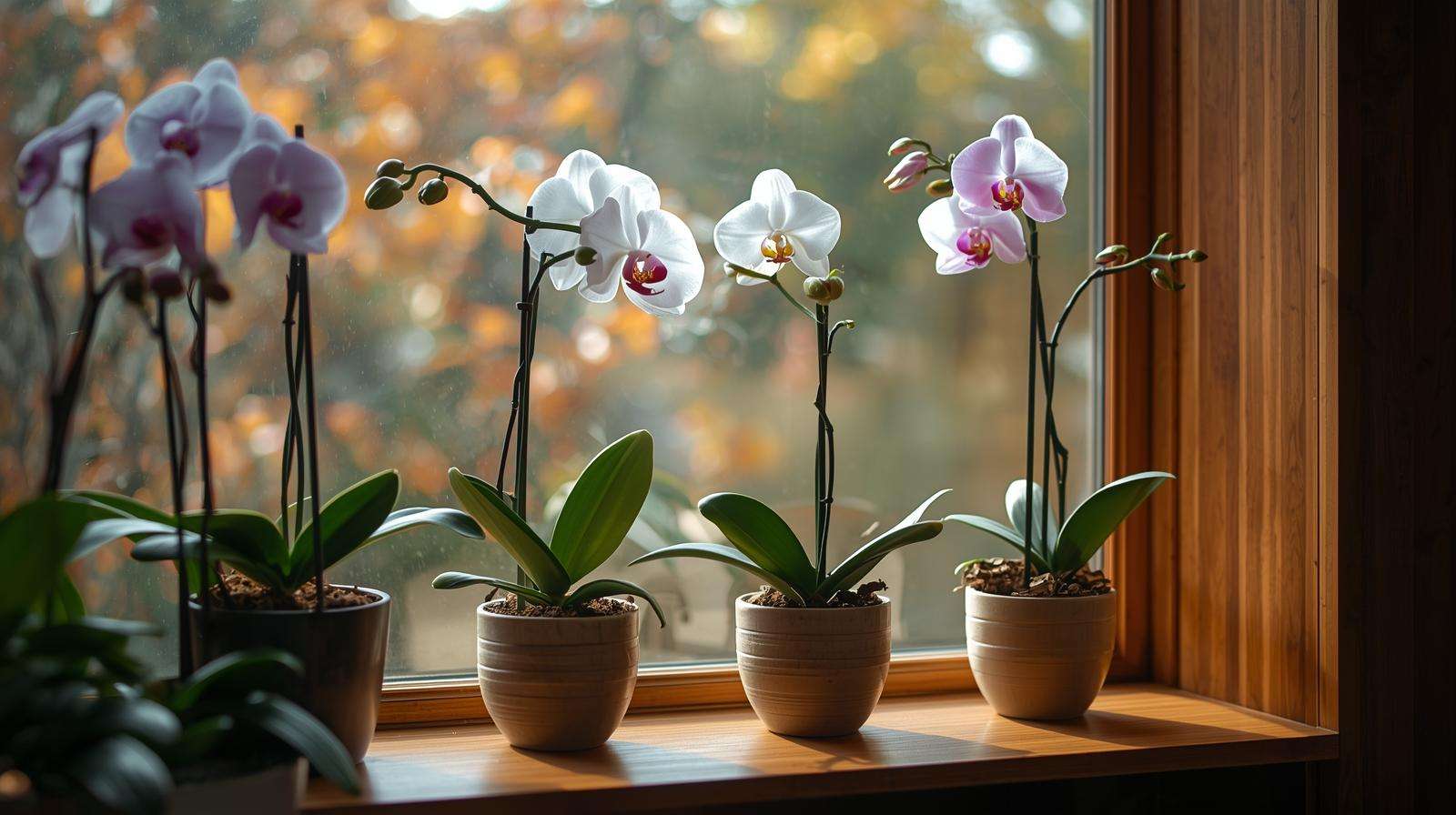 Indoor display of orchids in orchid soils showcasing seasonal blooms.
