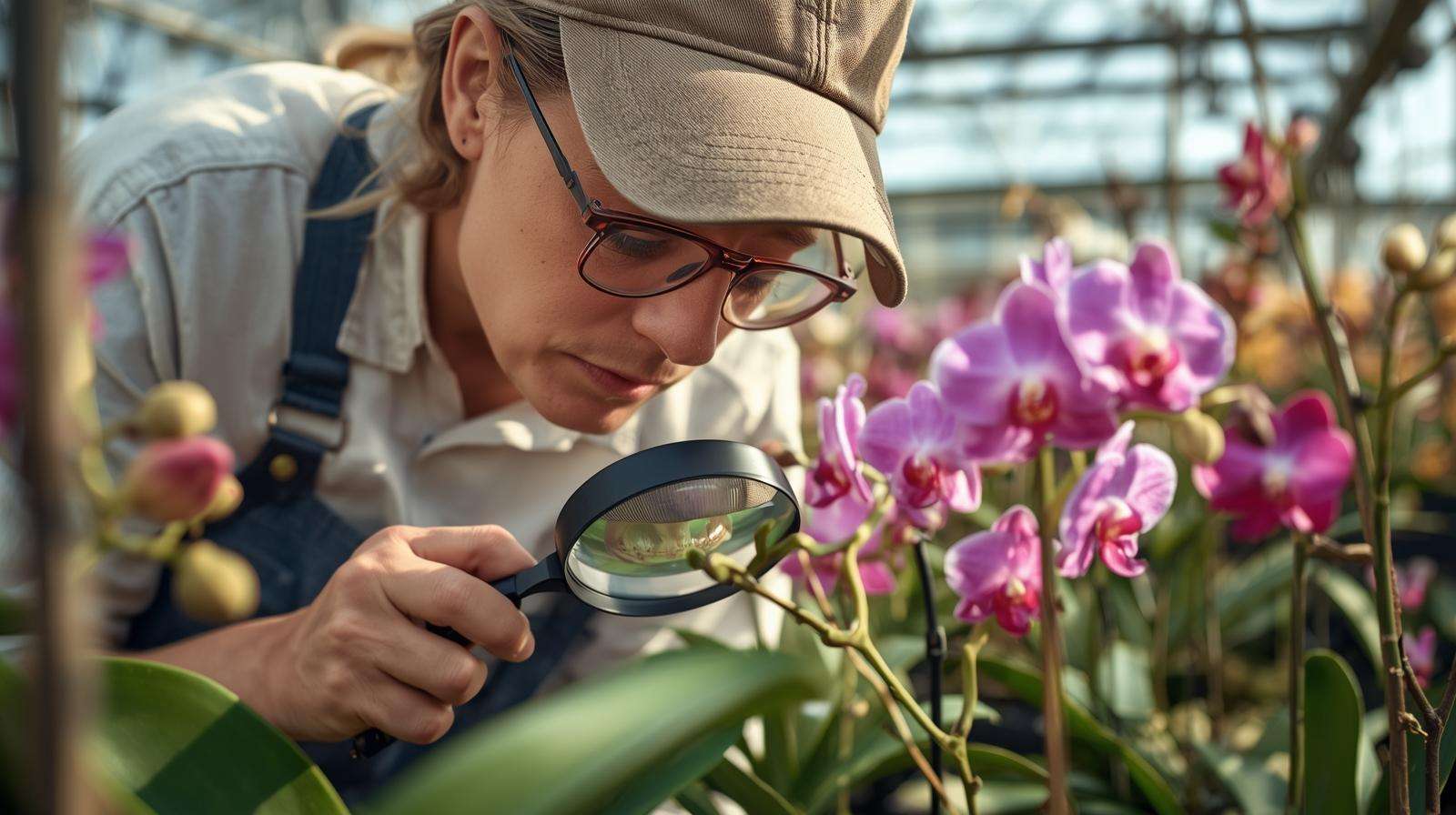 Grower inspecting orchids for pests in an orchid greenhouse.