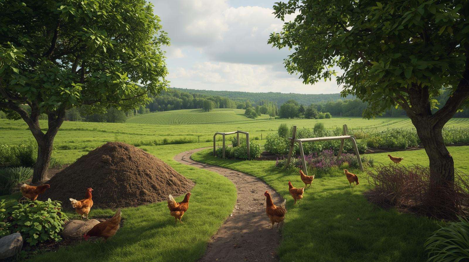 Integrated permaculture farm with animals and plants demonstrating ecological symbiosis.