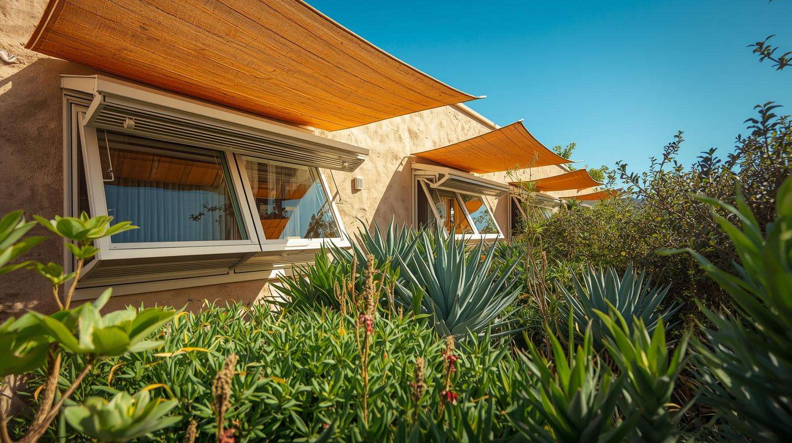 Ecological windows with vents and shade cloths in a permaculture garden for hot climates.