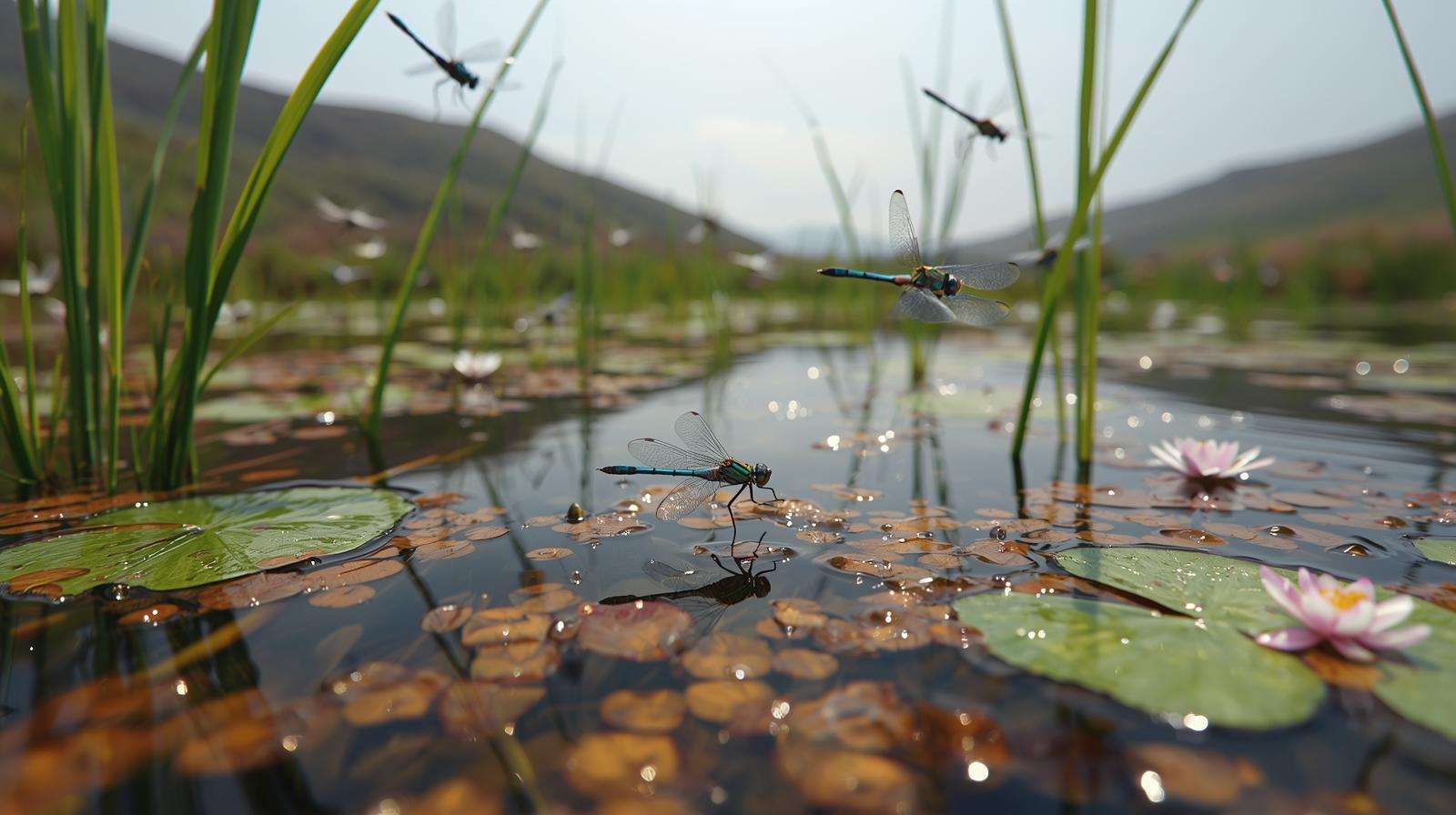 Vibrant dragonflies hovering and darting over a shallow wetland pond in the Scottish Highlands, native reeds and water lilies, tiny midge larvae visible in water, misty hills behind, no text, 16:9 aspect ratio.