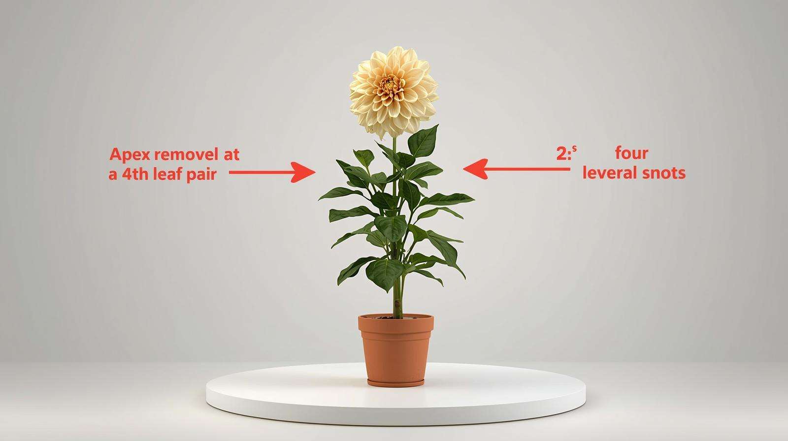 Dahlia pinching technique at 4th leaf pair showing lateral shoot development in pot.