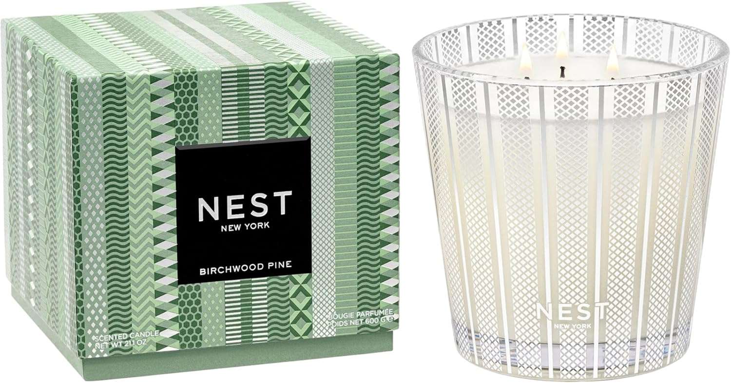 NEST New York Scented 3-Wick Candle, Birchwood Pine - 21.2 oz - Up to 100-Hour Burn Time - Reusable Glass Vessel 