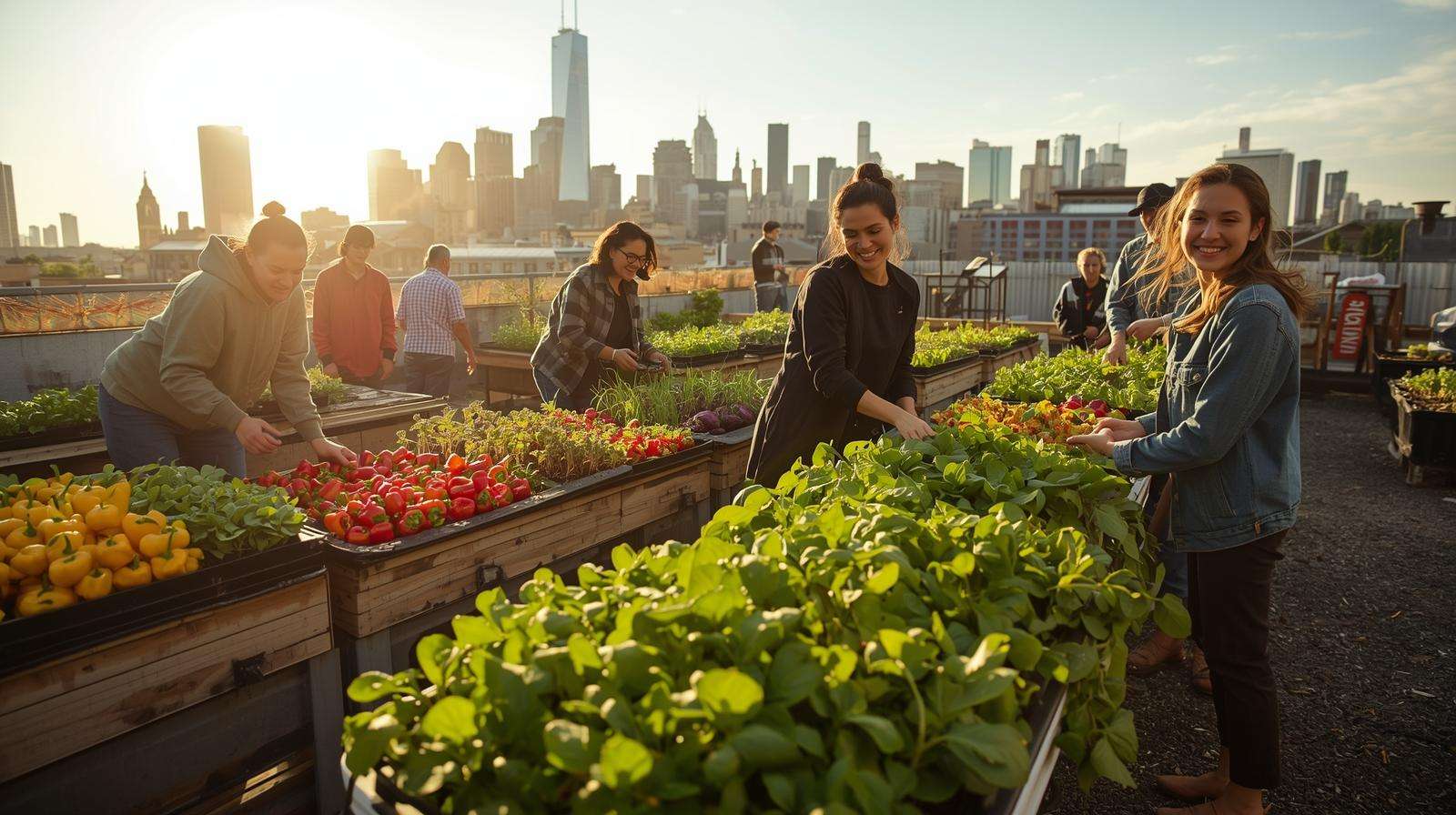 Urban gardeners harvesting peppers and microgreens on a rooftop farm, showcasing crop growing seasons for vibrant food crop cultivation.