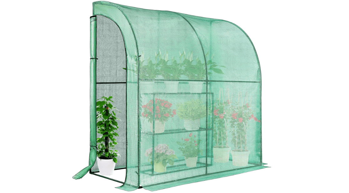 VIVOSUN Lean-to Greenhouse, 6.6’ x 3.3’ x 6.9’ Portable Wall House with Green PE Cover and Shelf for Compact Garden 79x39x83-Inch 