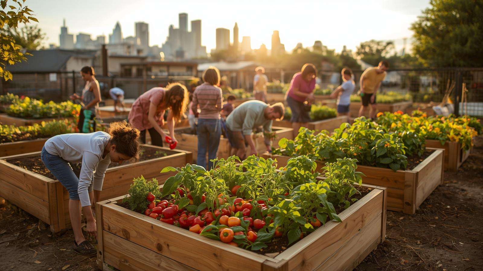 Urban gardeners harvesting peppers in Pro Mix Soil raised beds, showcasing soil mix for plants in vibrant potting mix gardening.