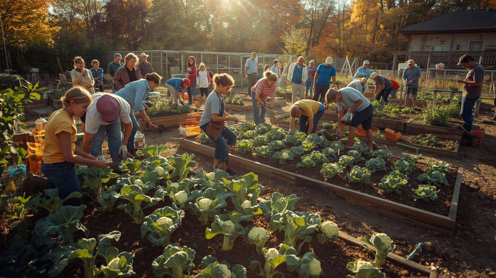 Diverse gardeners planting broccoli and cauliflower in a community garden workshop, showcasing success with flower vegetables in a vibrant setting.