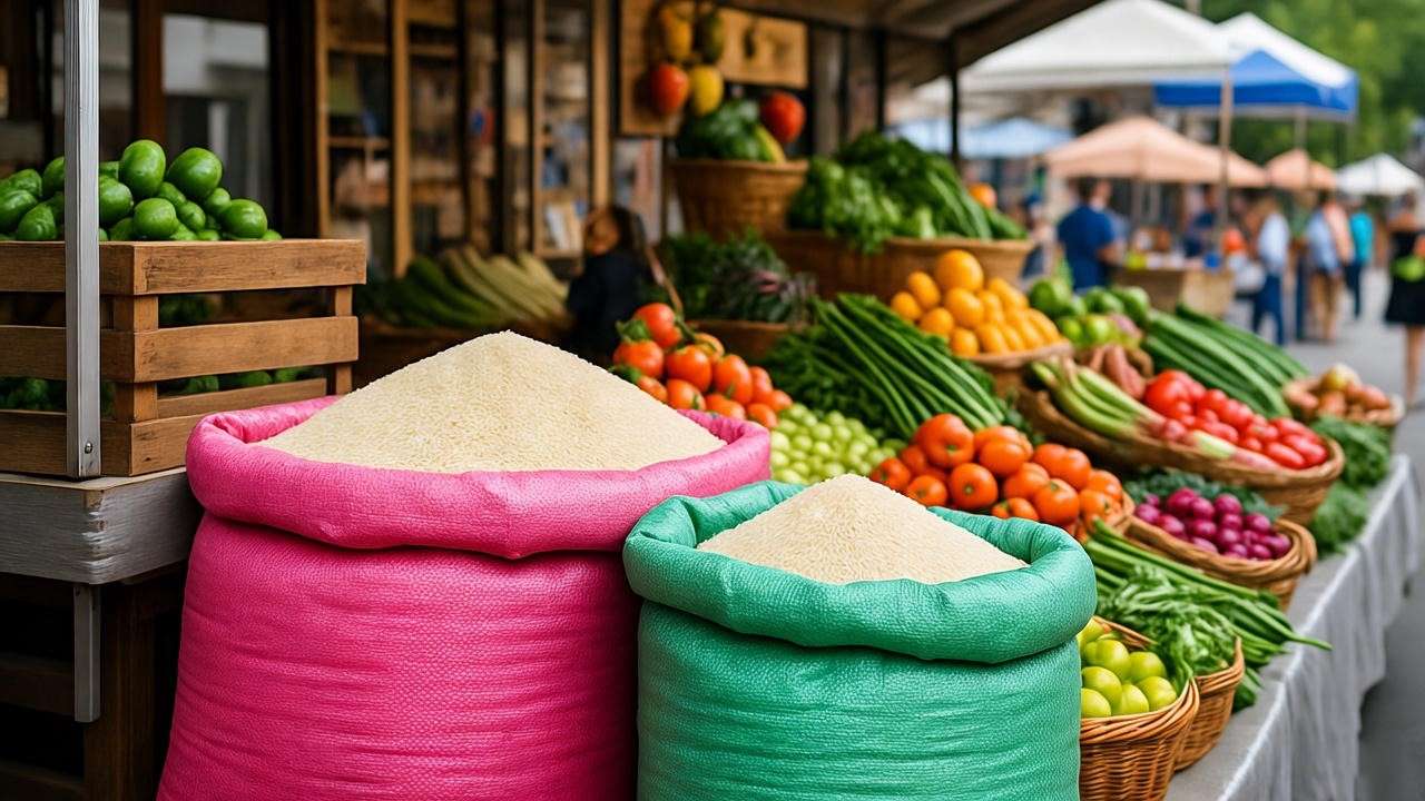 Farmers' market stall showcasing organic jasmine rice sacks and fresh produce.