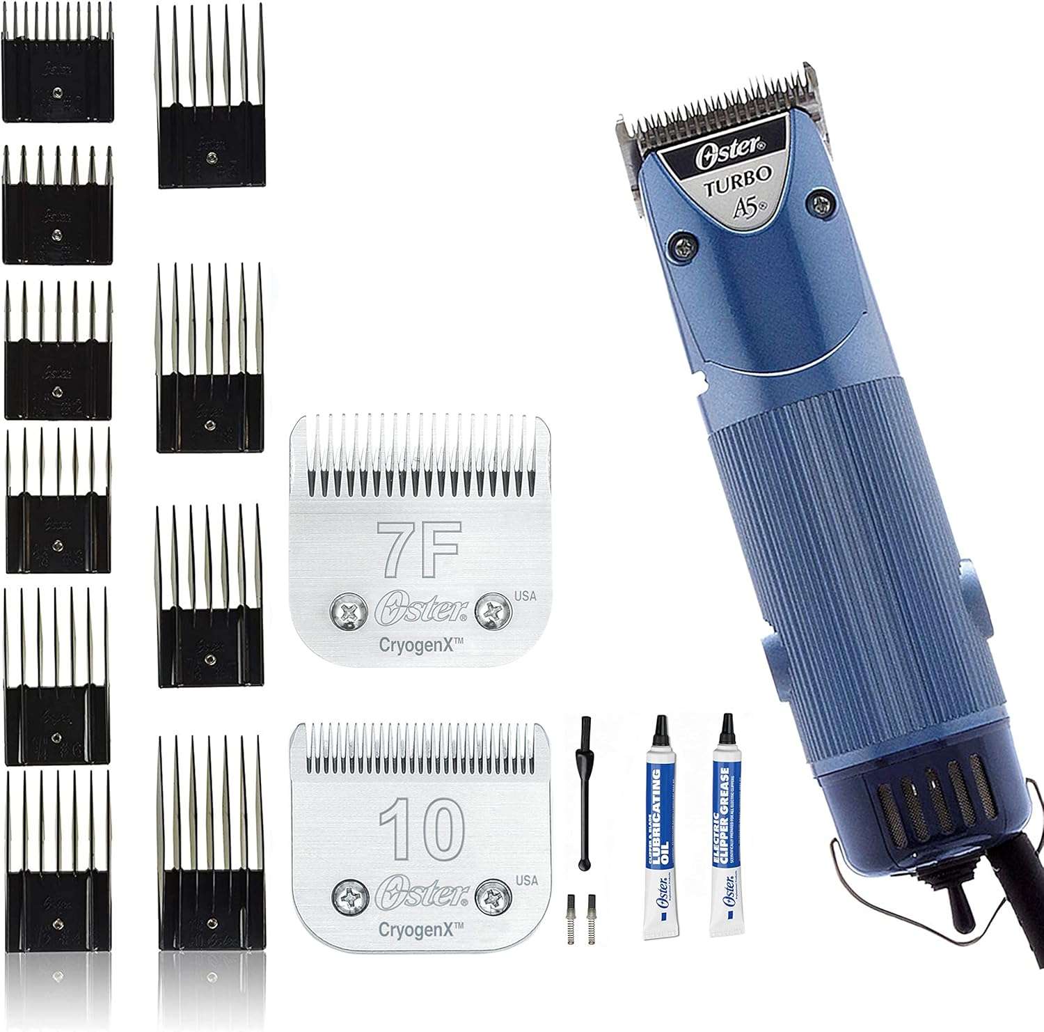 Oster A5 Dual Speed Grooming Clipper with Detachable Cryogen-X Blades #10 and #7F 7 Piece Universal Combs Guides Set