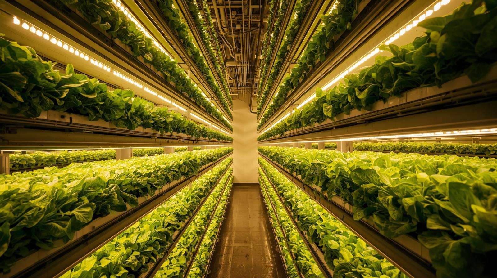 Farmer applying neem oil spray on Black Seeded Simpson lettuce in vertical farm
