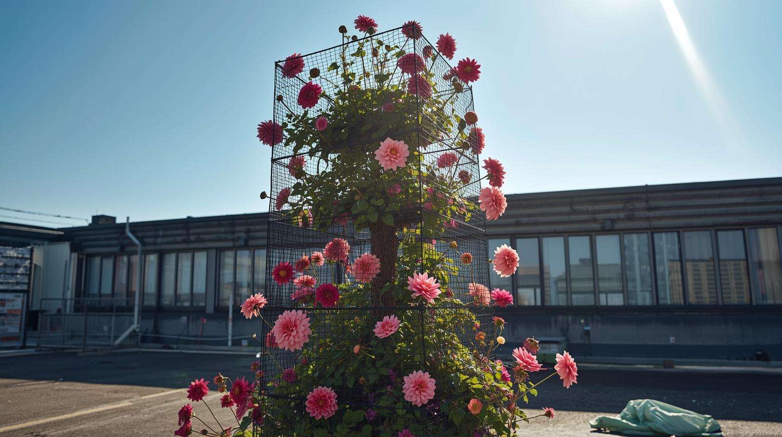 Tension-grid netting supporting dahlia stems in 5-tier vertical pot system on rooftop.