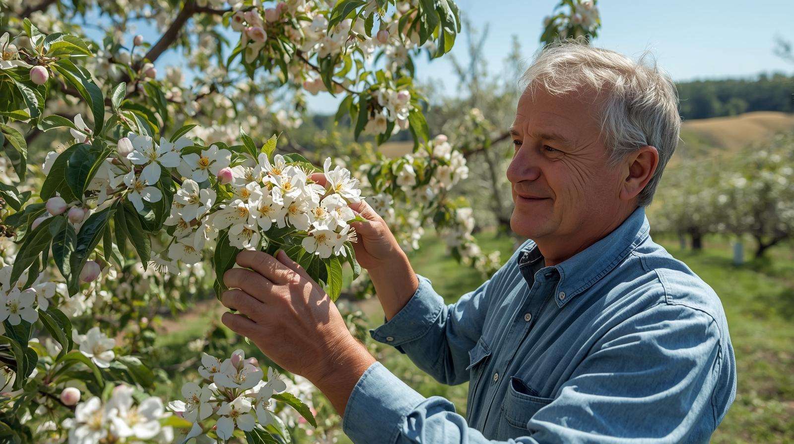 A farmer inspects a disease-resistant Q-1-8 flowering peach variety with white blossoms in a warm-climate farm orchard.