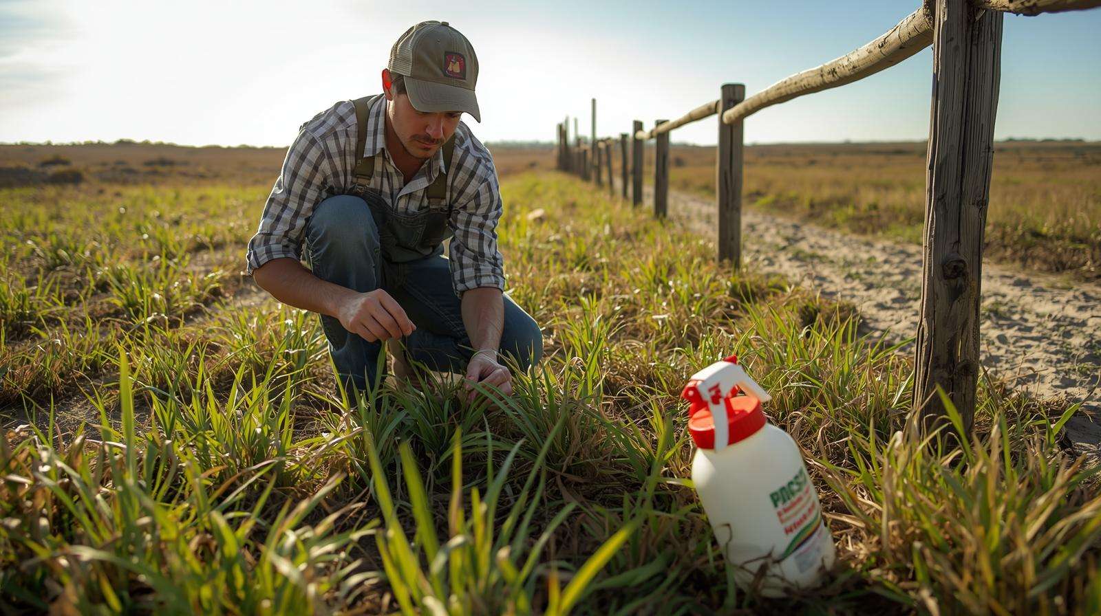 A farmer inspects a Bahiagrass lawn for pests, showcasing Florida grass varieties with a sprayer and sandy fields in the background.