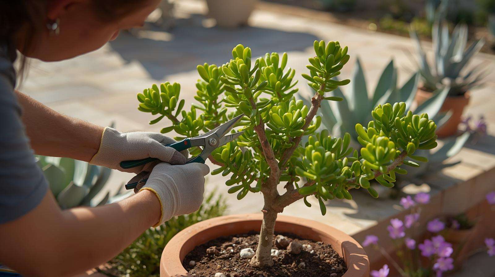 A gardener inspects a healthy ‘Variegata’ jade tree variety in a well-drained pot, preventing root rot in a farm greenhouse.