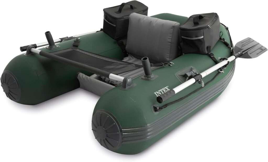 INTEX Big Catch Pro Inflatable Fishing Float Tube, Includes 54in Boat Oars, High-Output Pump, Detachable Fishing Rod Holders, Mesh Fish Ruler, Heavy Duty Backpack, Storage Bag, 308lb Weight Capacity