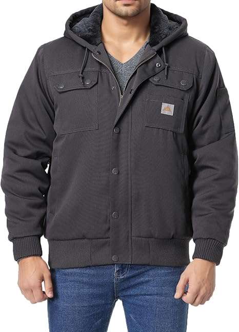 Men's Fit Relaxed Work Coat Fleece Lined Waterproof Workwear Winter Hooded Jacket with Multiple Pockets