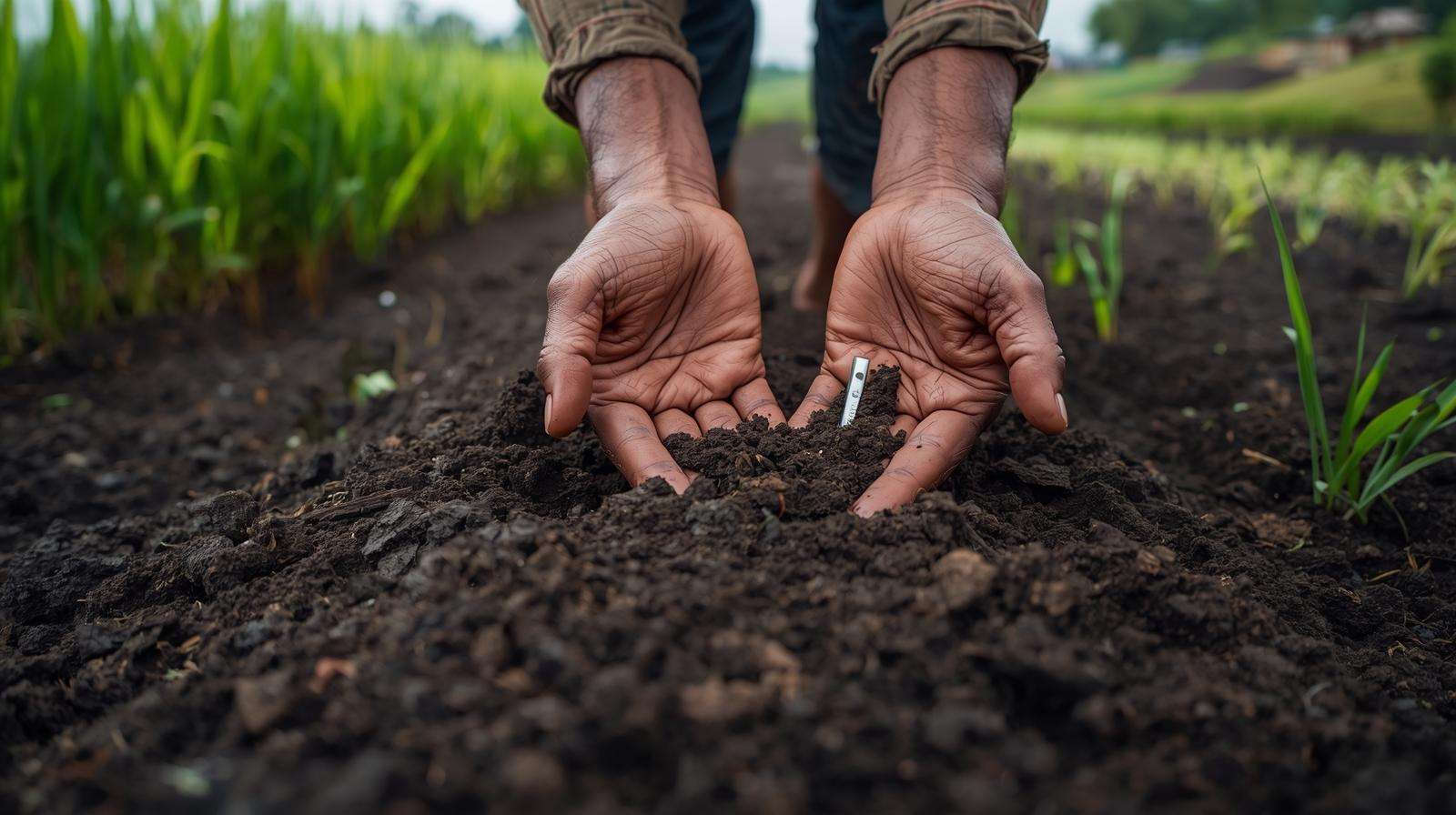 Farmer testing soil in an organic white rice field with a pH kit, highlighting soil health management.