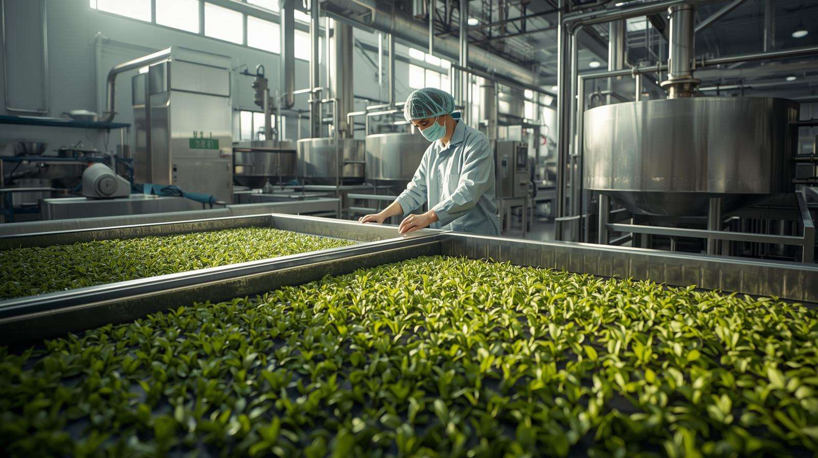 Workers handling fresh tea leaves in a clean organic tea processing facility, showcasing withering for high-quality organic black tea production.