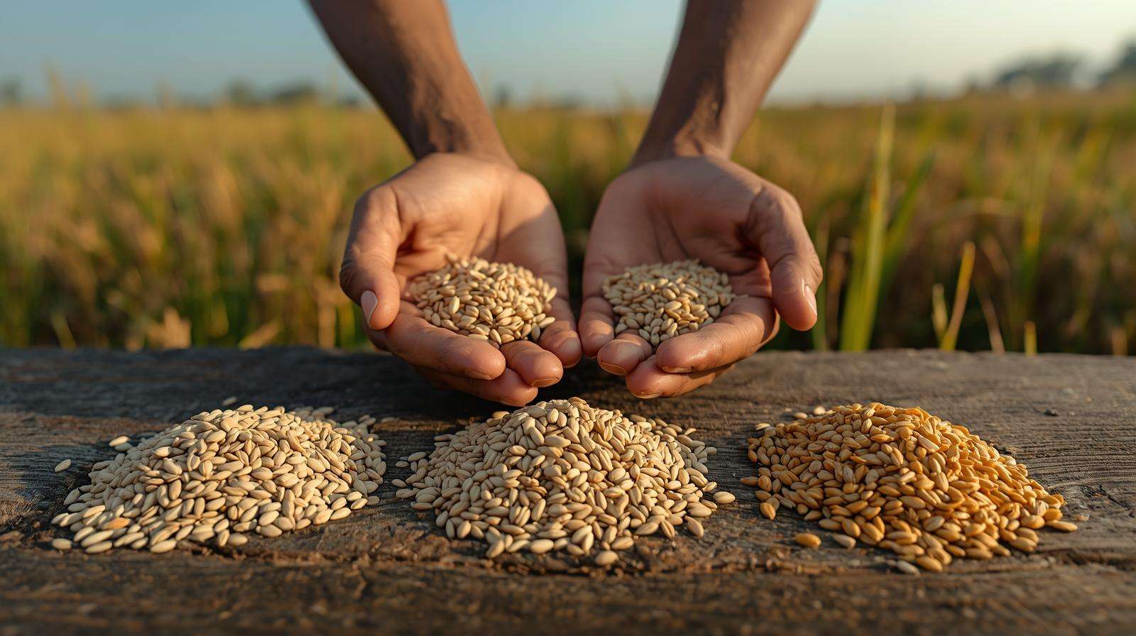 Farmer’s hands displaying different organic basmati rice seed varieties on a wooden table with a rice field background.
