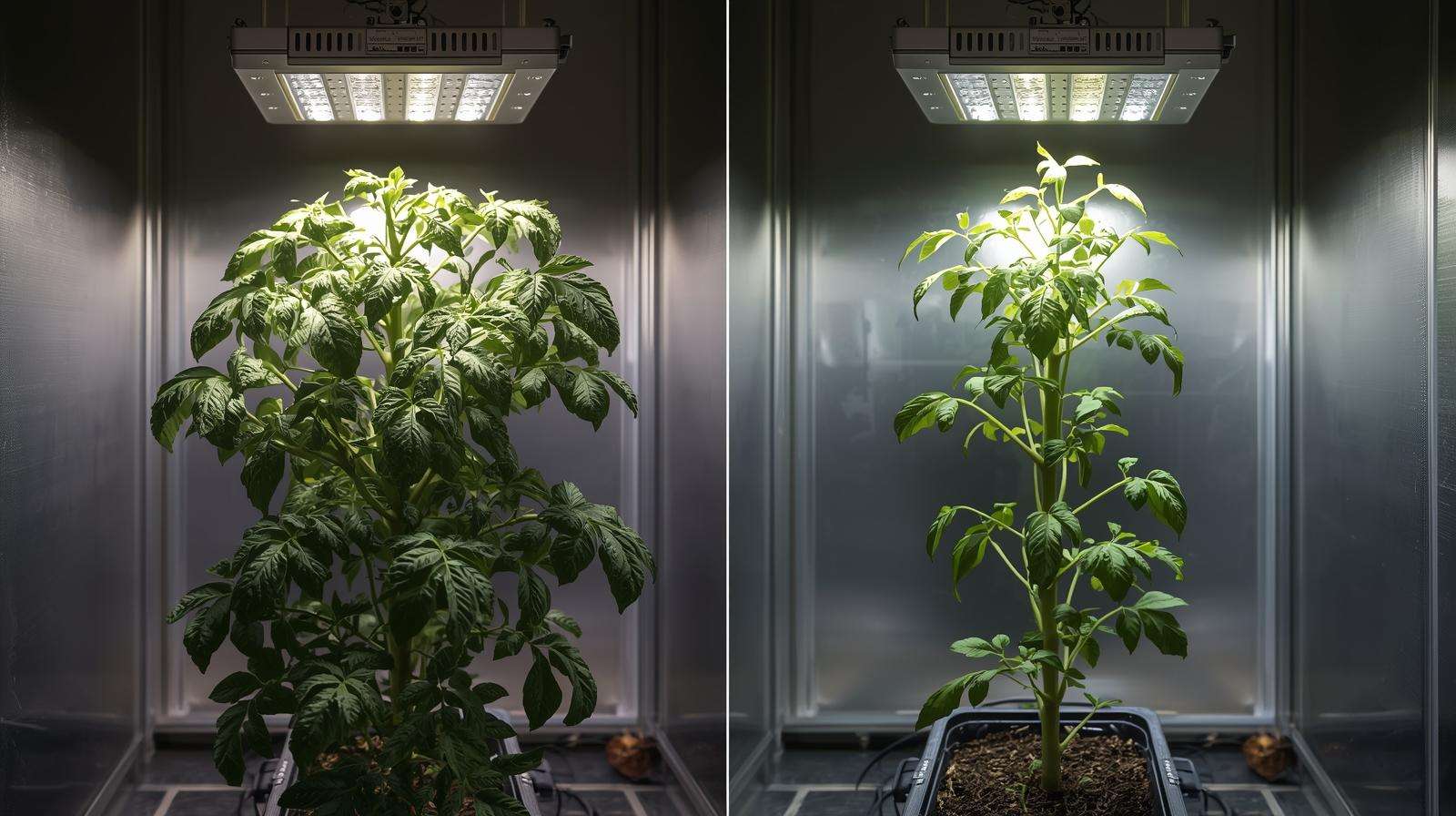 Comparison of healthy and leggy tomato plants under grow lights, showing correct and incorrect light placement.