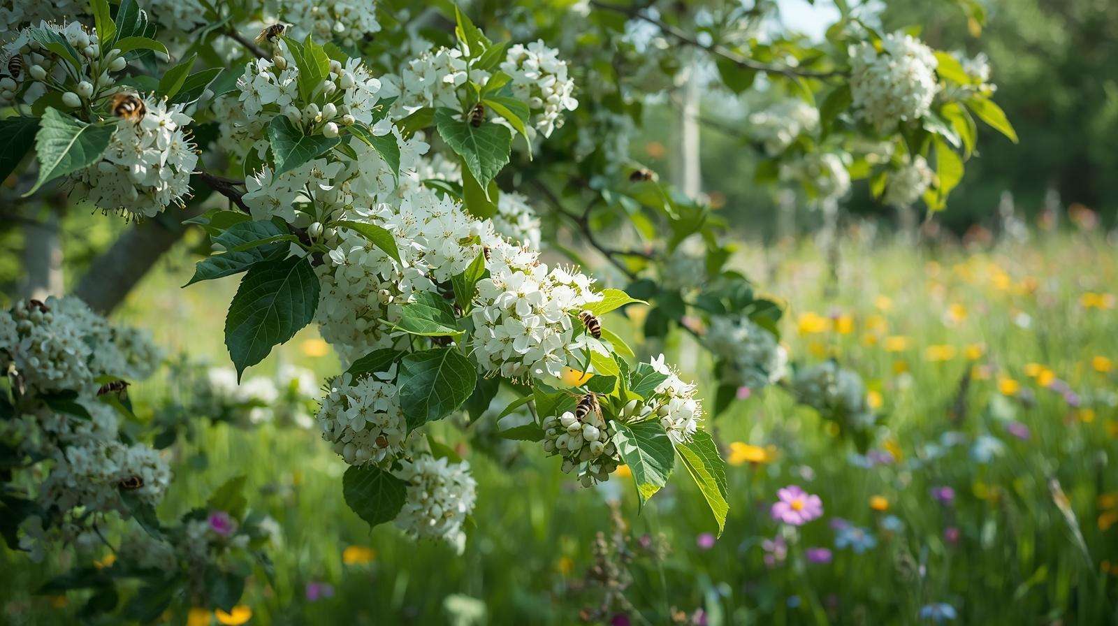 Serviceberry white flowering trees with bees and butterflies in a pollinator-friendly garden.