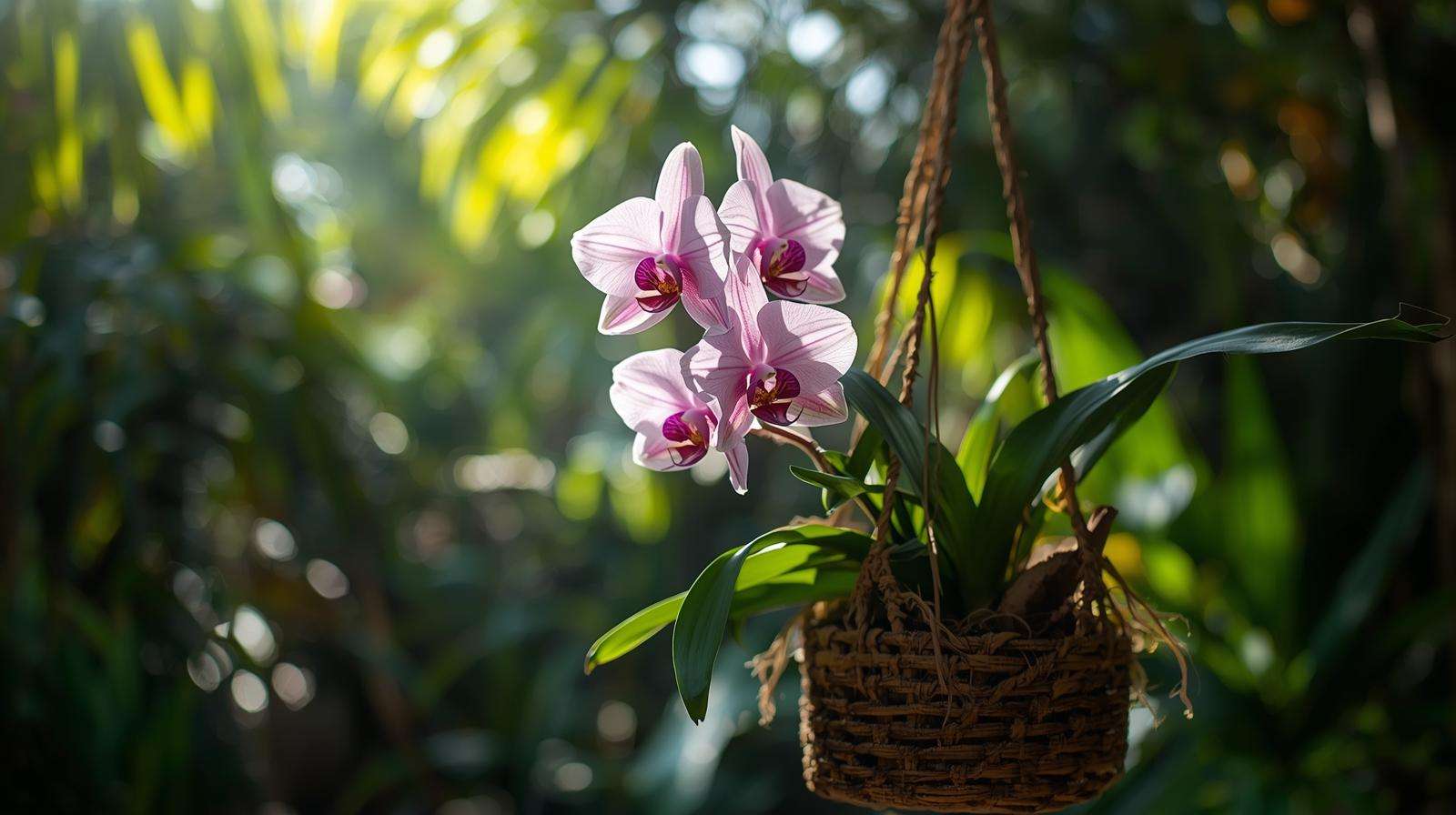Cattleya walkeriana edible orchids in a hanging basket, enhancing tropical sustainable gardens.
