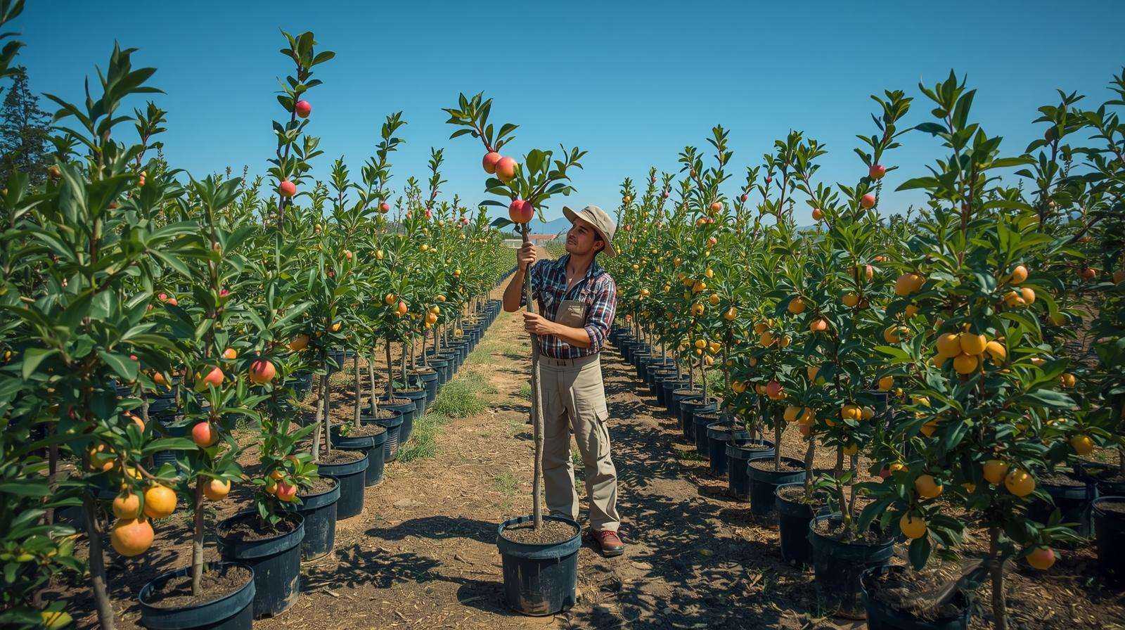 Gardener selecting pink fruits like apple and dragon fruit plants in a nursery for optimal garden growth.