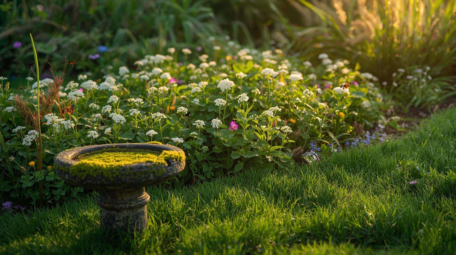 Pollinator-friendly lawn with clover, wildflowers, and bees under a sunset sky, featuring a birdbath for biodiversity.