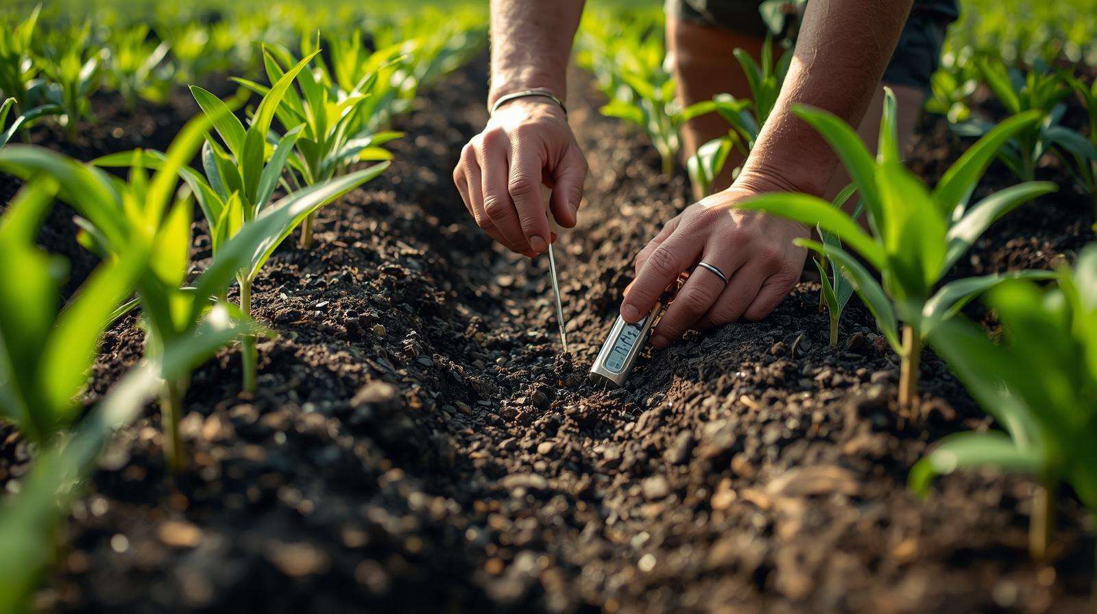 Farmer testing soil for organic black tea cultivation in a sustainable field.