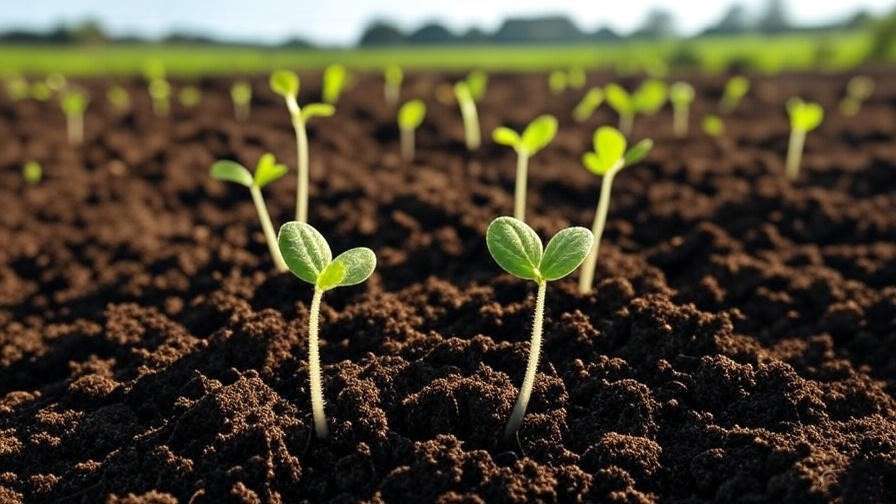Close-up of organic compost enriching soil with young watermelon seedlings sprouting in a sunny farm