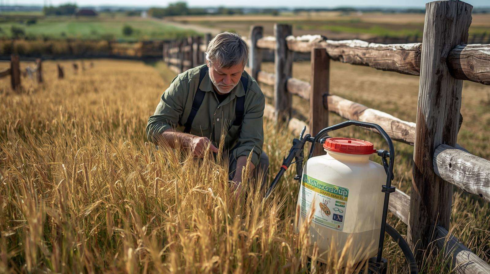 A farmer inspects a brown top millet field for pests, with a sprayer and sandy fields in a sunny farm setting.