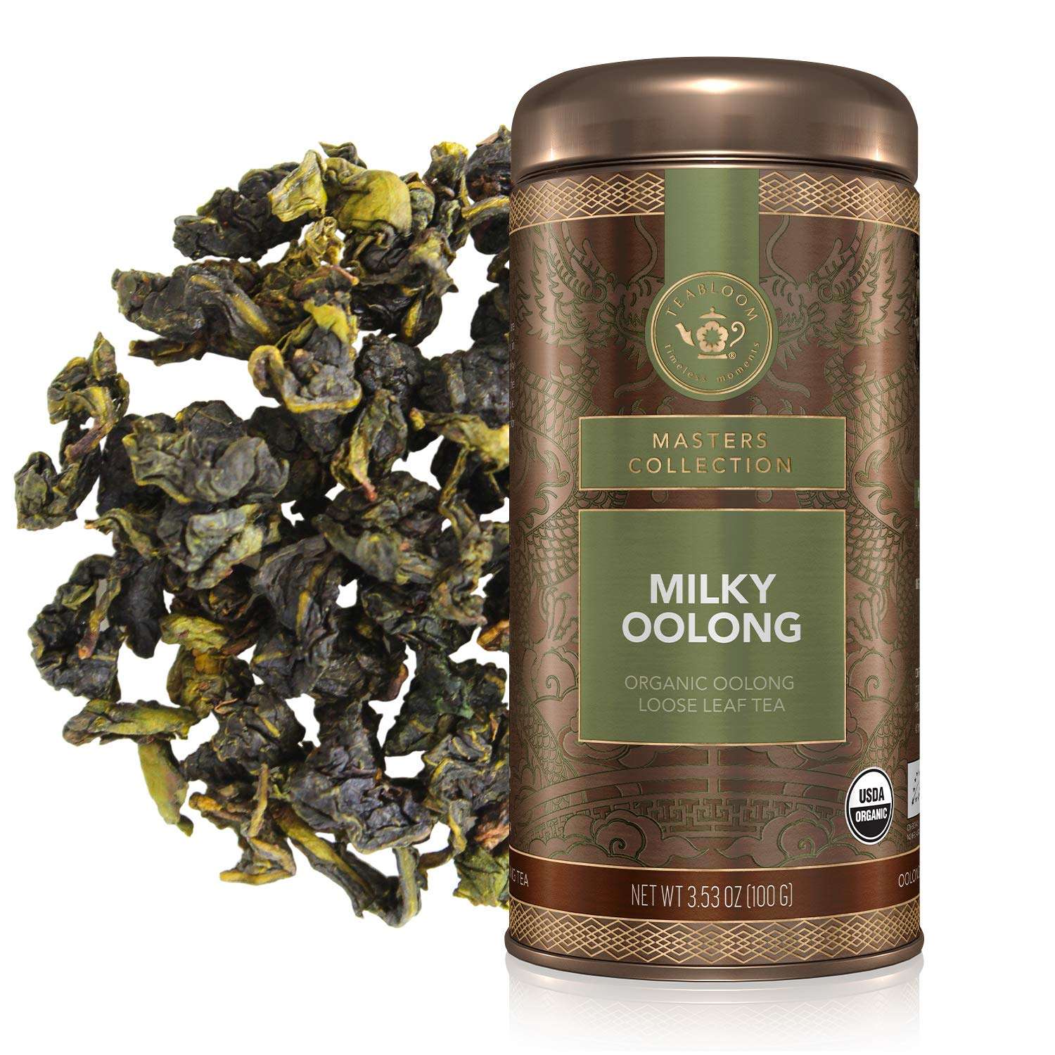 Teabloom Organic Oolong Tea, Milky Oolong Loose Leaf Tea, Rolled Leaves Famous for its Milky Taste and Silky Texture, 3.53 oz/100 g Canister Makes 35-50 Cups