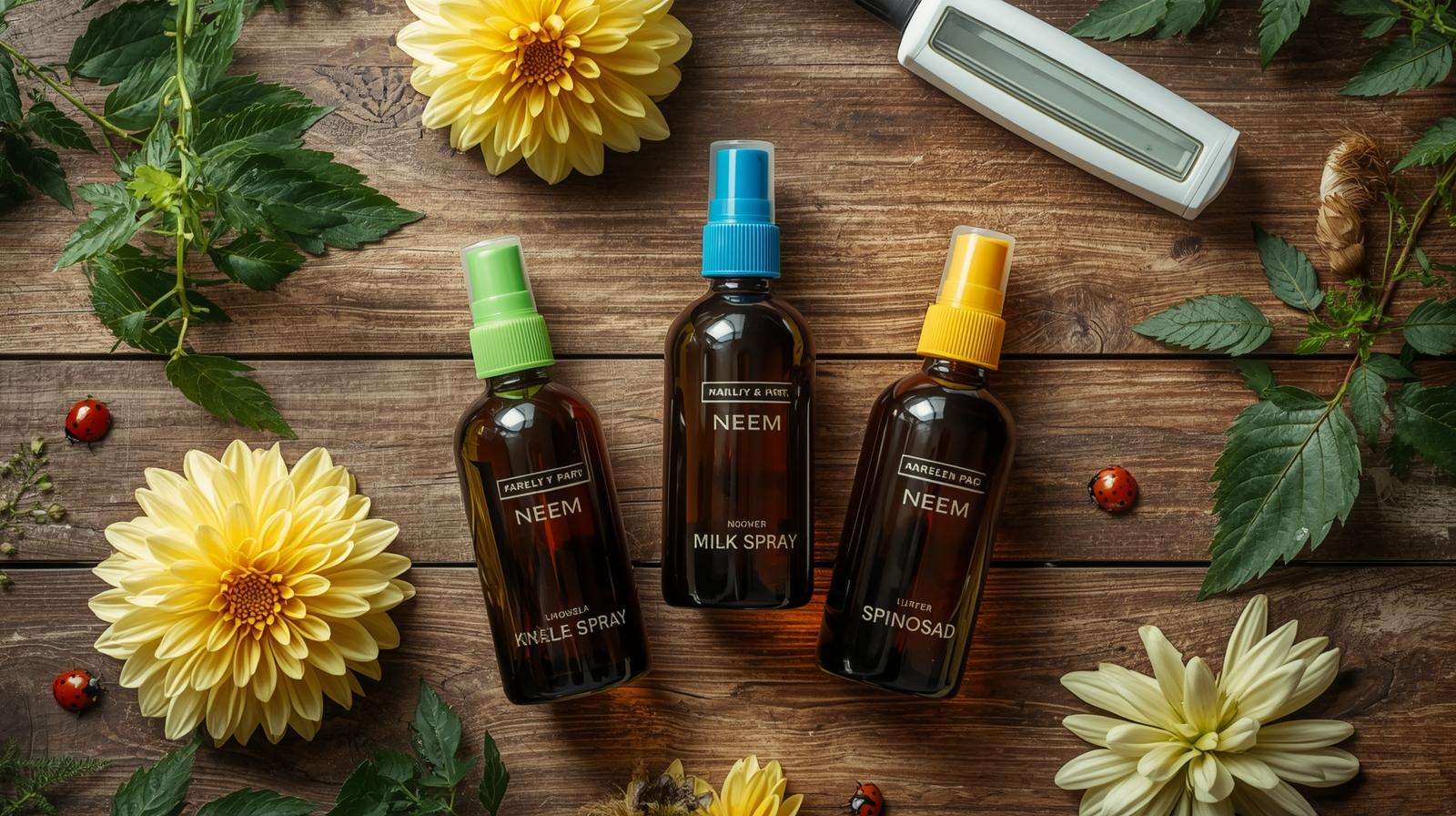 Organic pest control sprays and tools for vertical dahlia pot cultivation.