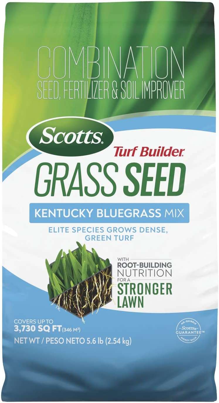 Scotts Turf Builder Grass Seed Kentucky Bluegrass Mix with Fertilizer and Soil Improver, Grows Dense, Green Turf, 5.6 lbs.
