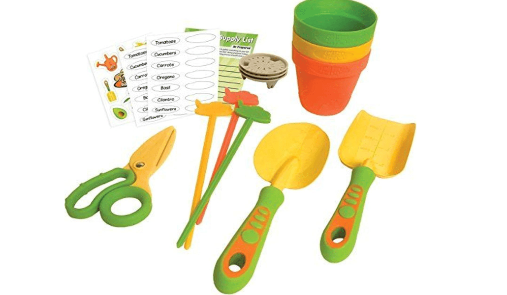 Curious Gardener 12 Piece Gardening Tool Set for Kids Ages 4-8 Years - Grower's Set - Includes Trowel, Shovel, Shears, 3 Nursery Pots, 3 Markers, and 2 Marker Sticker Sheets
