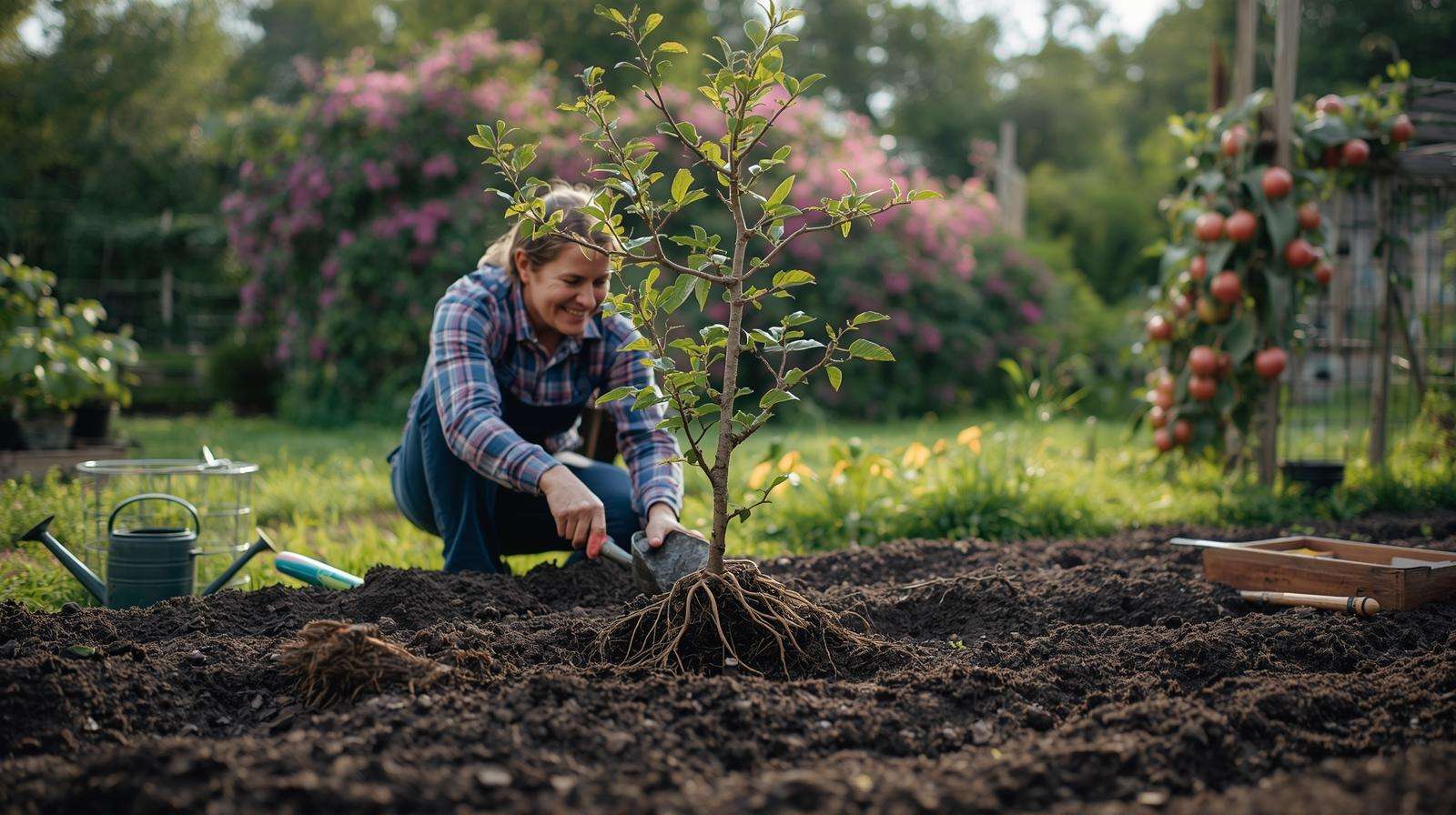 Farmer planting pink fruits like apple trees in a garden, demonstrating sustainable cultivation techniques.