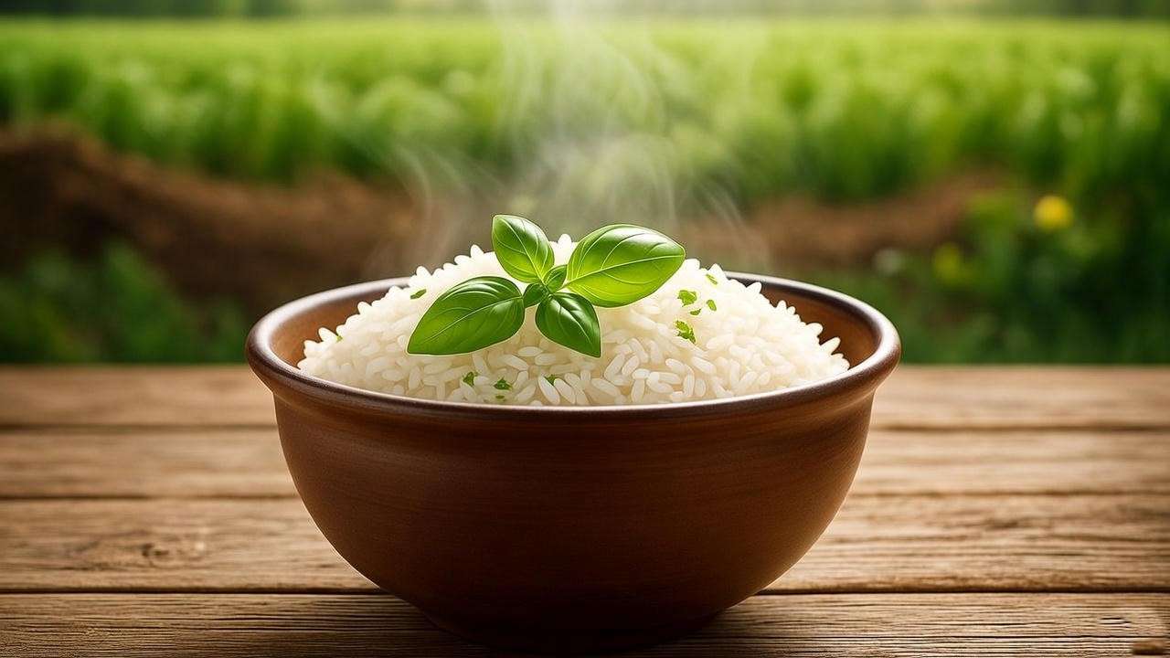 Steaming bowl of organic jasmine rice with fresh herbs, showcasing its natural health benefits.