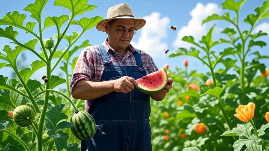 Farmer hand-pollinating watermelon flowers with bees and blooming companion plants in an organic garden
