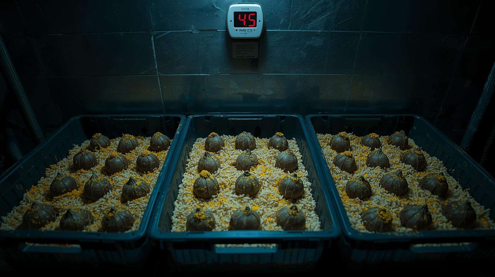 Dahlia tubers in vermiculite storage bins at 45°F for winter dormancy.