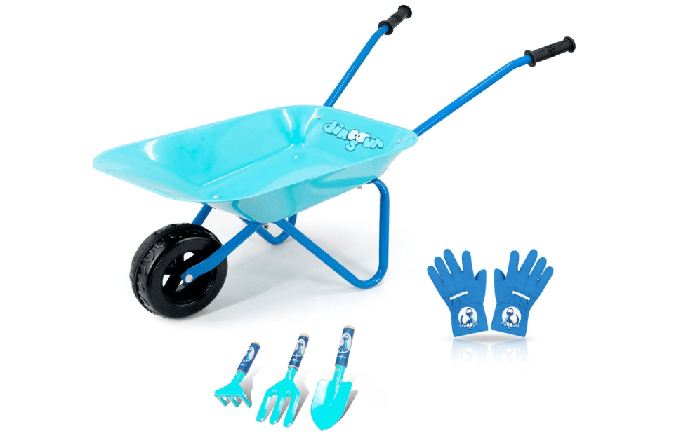 Colwelt Kids Wheelbarrow 5Pcs, Steel Wheelbarrow for Kids with Kids Gardening Tools and Gloves(Blue), Gardening Tools for Kids
