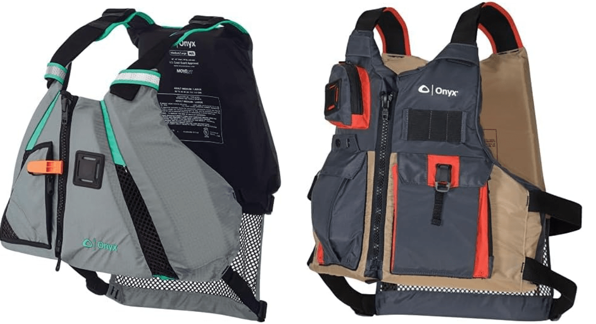 Onyx MoveVent Dynamic Paddle Sports Life Vest, Aqua, XL/2XL and ONYX Kayak Fishing Life Jacket, Universal, Tan