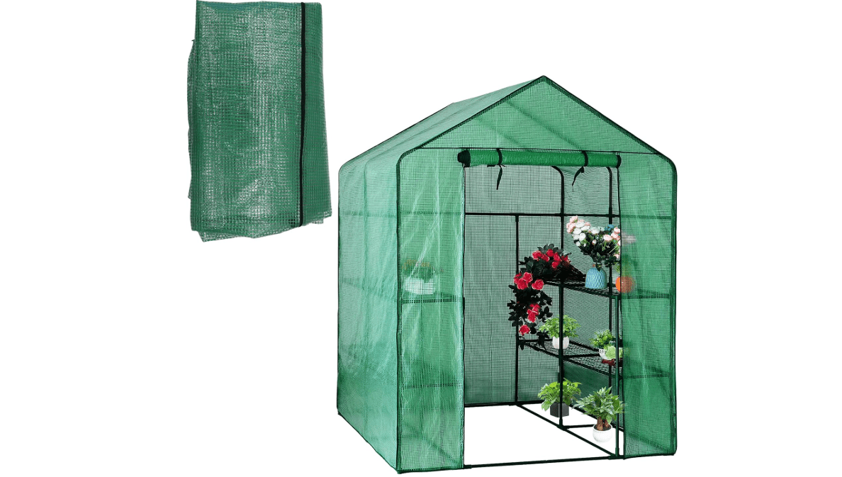 Walk-in Greenhouse Replacement Cover with Roll-Up Zipper Door, 56×56×76 inch PE Greenhouse Cover Protect Outdoor Gardening Plants from Cold Frost,Waterproof and UV Resistant(Frame Not Include)