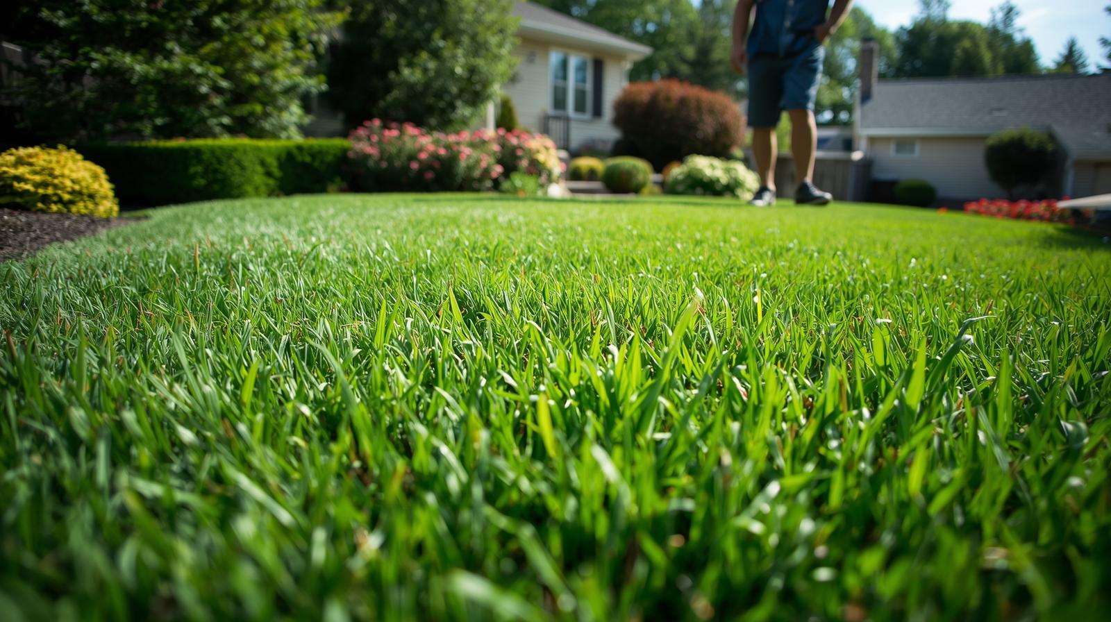 Lush fescue lawn in a residential yard, demonstrating the success of 16-4-8 fertilizer in achieving vibrant turf growth.
