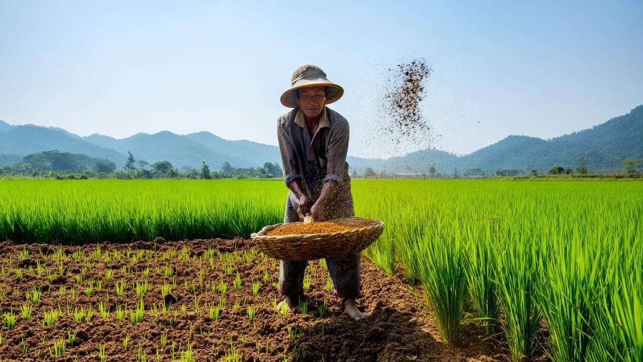 Farmer spreading compost on fertile soil in an organic jasmine rice field, promoting sustainable farming.