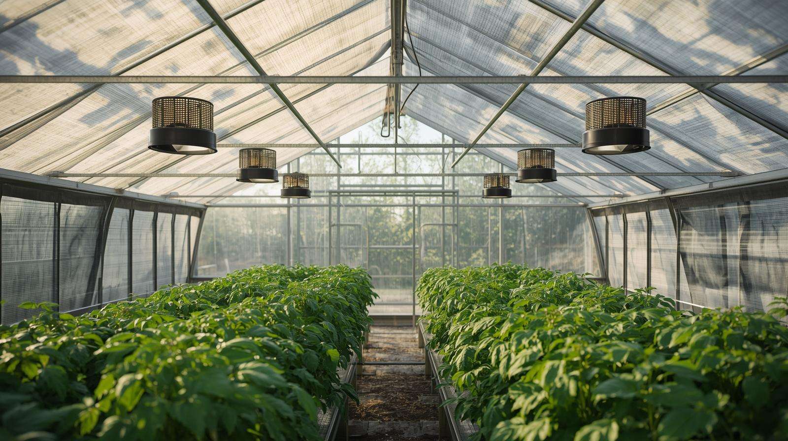 Climate control systems in a freestanding greenhouse, including vents, shade cloth, and heater.