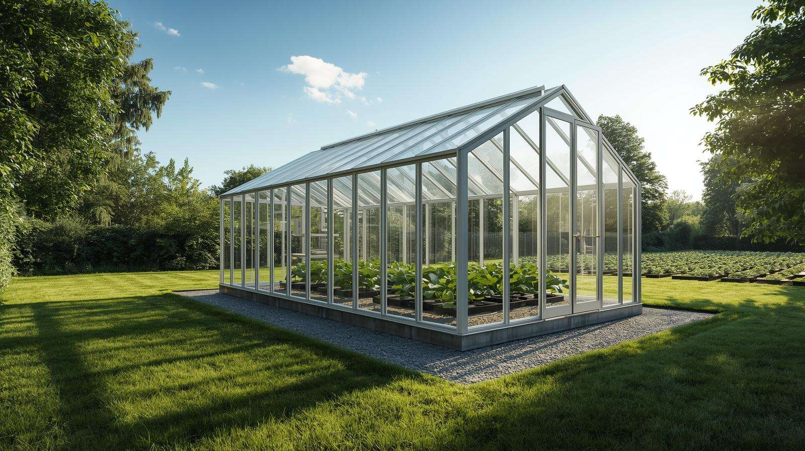 Freestanding greenhouse with glass panels and aluminum frame in a rural backyard, showcasing its standalone design.