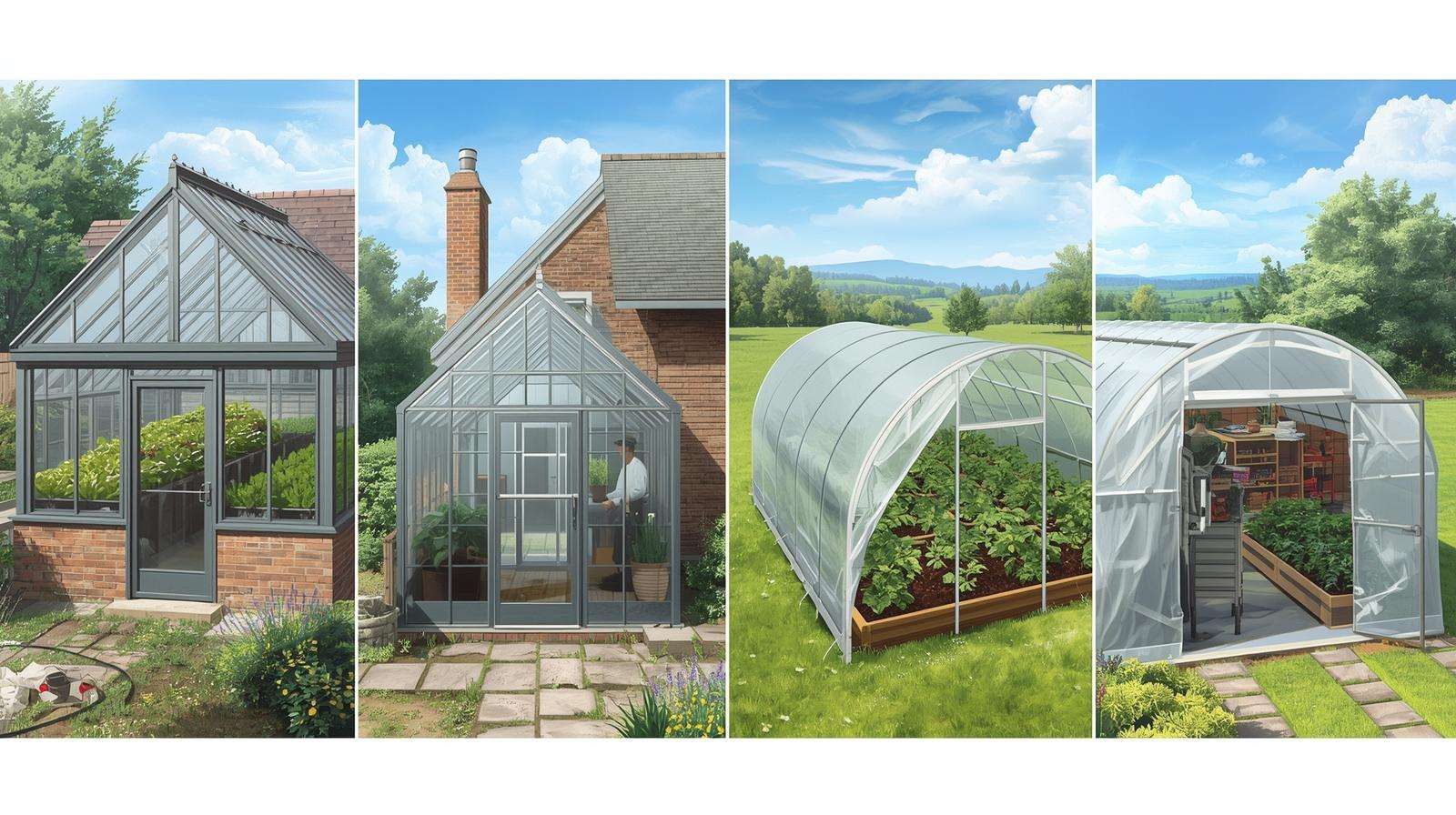 Comparison of freestanding greenhouse, lean-to, polytunnel, and grow tent, showcasing different greenhouse types.