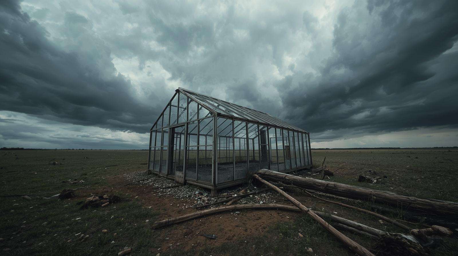 Freestanding greenhouse with cracked glass panels damaged by a storm, highlighting weather vulnerability.